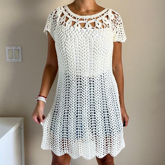 Mumu Mellow Crochet The Day Away Beige Cream Short Sleeve Dress Coverup Size M - Picture 9 of 11
